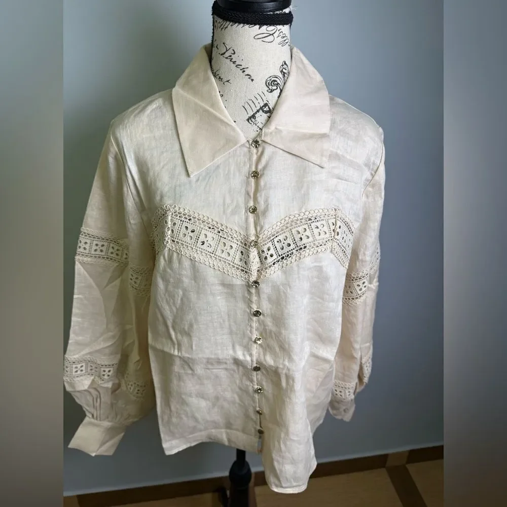 KEEPSAKE THE LABEL Carrie Trim Shirt in Linen NWT Size US 6